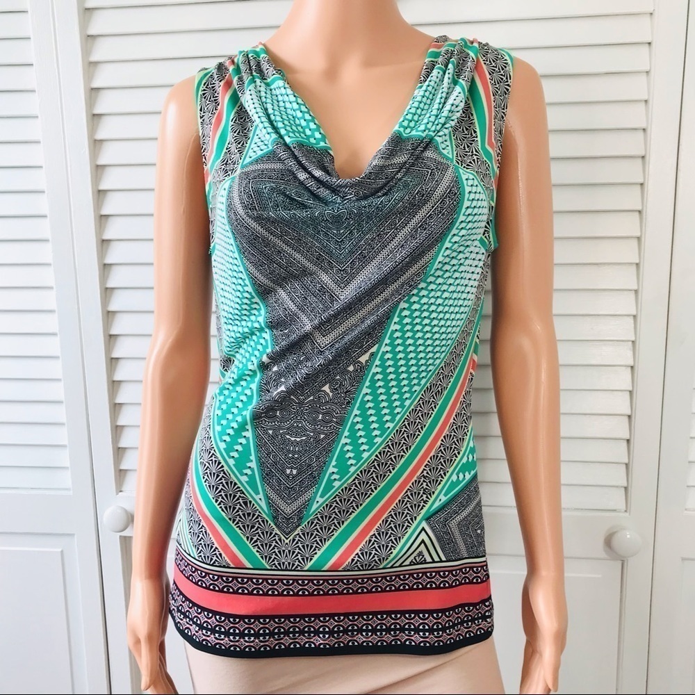 3/$25 CALVIN KLEIN Green Multicolor Geometric Sleeveless Shirt Size Extra Small